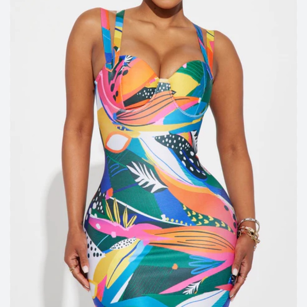 Colorful Abstract Adriana Bandage Midi Dress NWT